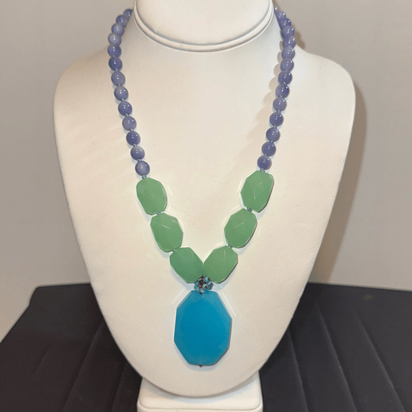 Talbots Jewelry - Talbots Chunky Blue Quartz Pendant Green & Purple Stone Beaded Necklace